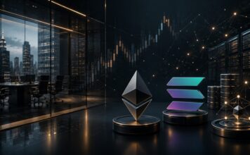 Ethereum- und Solana-Symbole in einer modernen Finanzwelt mit Börsenchart und Servern