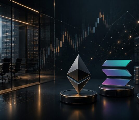 Ethereum- und Solana-Symbole in einer modernen Finanzwelt mit Börsenchart und Servern