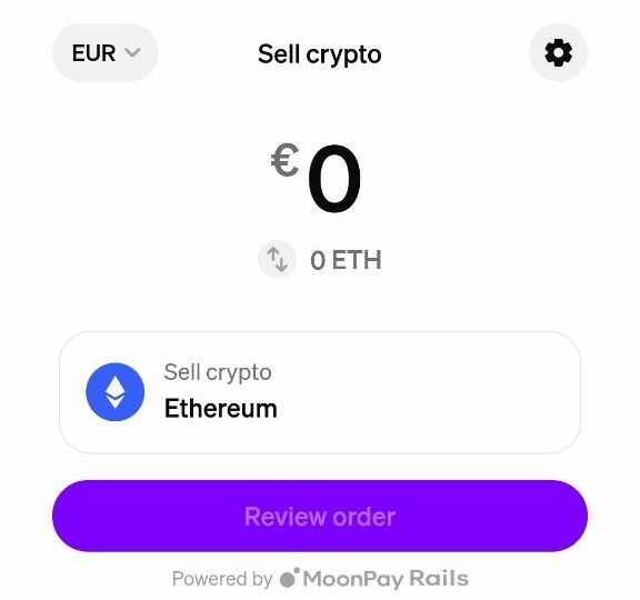 Ethereum über MoonPay verkaufen und den Verkaufsbetrag in Euro festlegen.