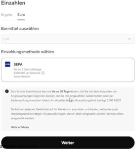 OKX-Einzahlungsseite mit Auswahl einer SEPA-Banküberweisung für Euro-Einzahlungen.