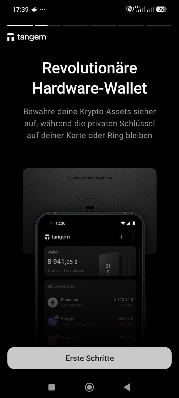 Screenshot der Tangem-Wallet-App mit dem Hinweis „Revolutionäre Hardware-Wallet“, einer Abbildung von Wallet-Karte und Smartphone sowie dem Button „Erste Schritte“.