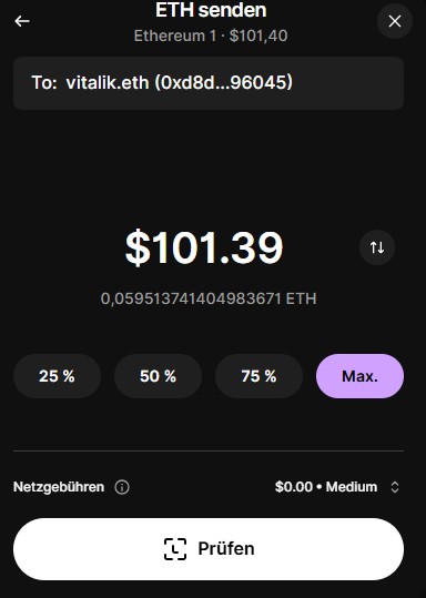 Ethereum in einer Wallet versenden und Netzwerkgebühren für die Transaktion festlegen.