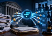 FTX zahlt erneut 900 Millionen Dollar an Gläubiger aus Digitale Ausschüttung von Kryptowerten an FTX-Gläubiger vor einem Gerichtssaal.