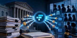 FTX zahlt erneut 900 Millionen Dollar an Gläubiger aus Digitale Ausschüttung von Kryptowerten an FTX-Gläubiger vor einem Gerichtssaal.