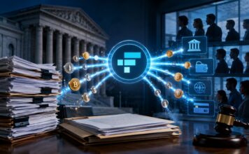 FTX zahlt erneut 900 Millionen Dollar an Gläubiger aus Digitale Ausschüttung von Kryptowerten an FTX-Gläubiger vor einem Gerichtssaal.