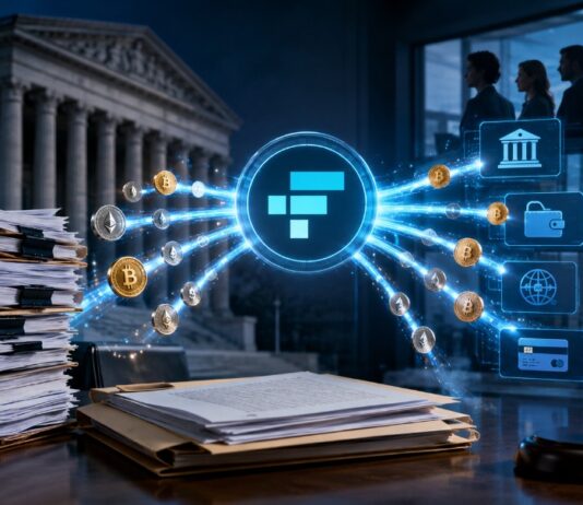 Digitale Ausschüttung von Kryptowerten an FTX-Gläubiger vor einem Gerichtssaal.