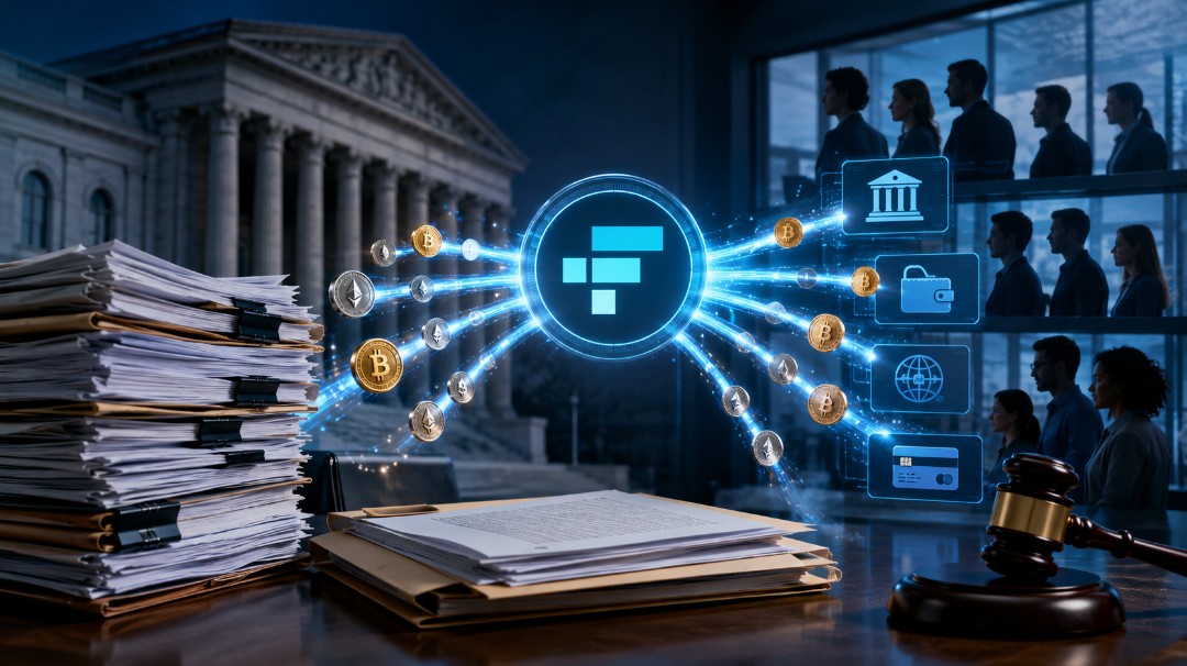 Digitale Ausschüttung von Kryptowerten an FTX-Gläubiger vor einem Gerichtssaal.