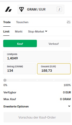 Bitvavo-Handelsmaske zum Kauf von GRAM gegen Euro mit Limit-Order, Eingabefeldern für Menge und Gesamtbetrag.