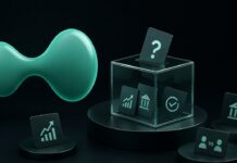 Abstrakte 3D-Illustration eines dezentralen Prognosemarkts mit transparentem Würfel und Symbolen für verschiedene Ereignisse vor dunklem Hintergrund.