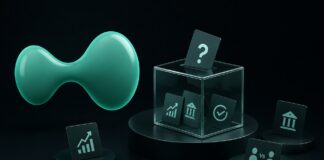 Hyperliquid startet Angriff auf Polymarket mit offenen Wettmärkten Abstrakte 3D-Illustration eines dezentralen Prognosemarkts mit transparentem Würfel und Symbolen für verschiedene Ereignisse vor dunklem Hintergrund.