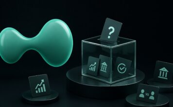 Hyperliquid startet Angriff auf Polymarket mit offenen Wettmärkten Abstrakte 3D-Illustration eines dezentralen Prognosemarkts mit transparentem Würfel und Symbolen für verschiedene Ereignisse vor dunklem Hintergrund.