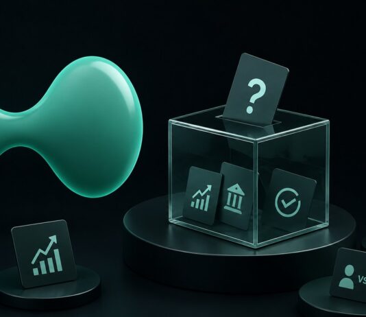 Abstrakte 3D-Illustration eines dezentralen Prognosemarkts mit transparentem Würfel und Symbolen für verschiedene Ereignisse vor dunklem Hintergrund.