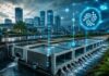 Futuristische Stadt mit intelligentem Wassermanagement, modularer Infrastruktur und digitalem IOTA-Netzwerk im Hintergrund.