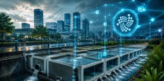 Interview: Vom Sensor zur Blockchain – JUMBO BLOCK setzt auf IOTA Futuristische Stadt mit intelligentem Wassermanagement, modularer Infrastruktur und digitalem IOTA-Netzwerk im Hintergrund.