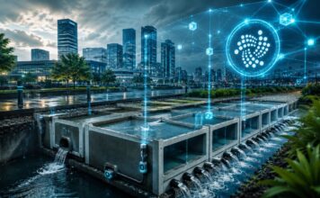 Interview: Vom Sensor zur Blockchain – JUMBO BLOCK setzt auf IOTA Futuristische Stadt mit intelligentem Wassermanagement, modularer Infrastruktur und digitalem IOTA-Netzwerk im Hintergrund.