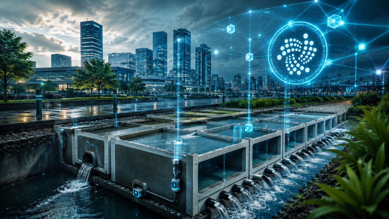 Futuristische Stadt mit intelligentem Wassermanagement, modularer Infrastruktur und digitalem IOTA-Netzwerk im Hintergrund.