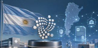 Argentinische Flagge, IOTA-Logo und digitales Gesundheitsnetzwerk für das nationale Transplantationssystem