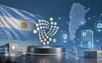 Argentinische Flagge, IOTA-Logo und digitales Gesundheitsnetzwerk für das nationale Transplantationssystem