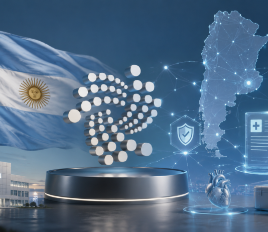 Argentinische Flagge, IOTA-Logo und digitales Gesundheitsnetzwerk für das nationale Transplantationssystem