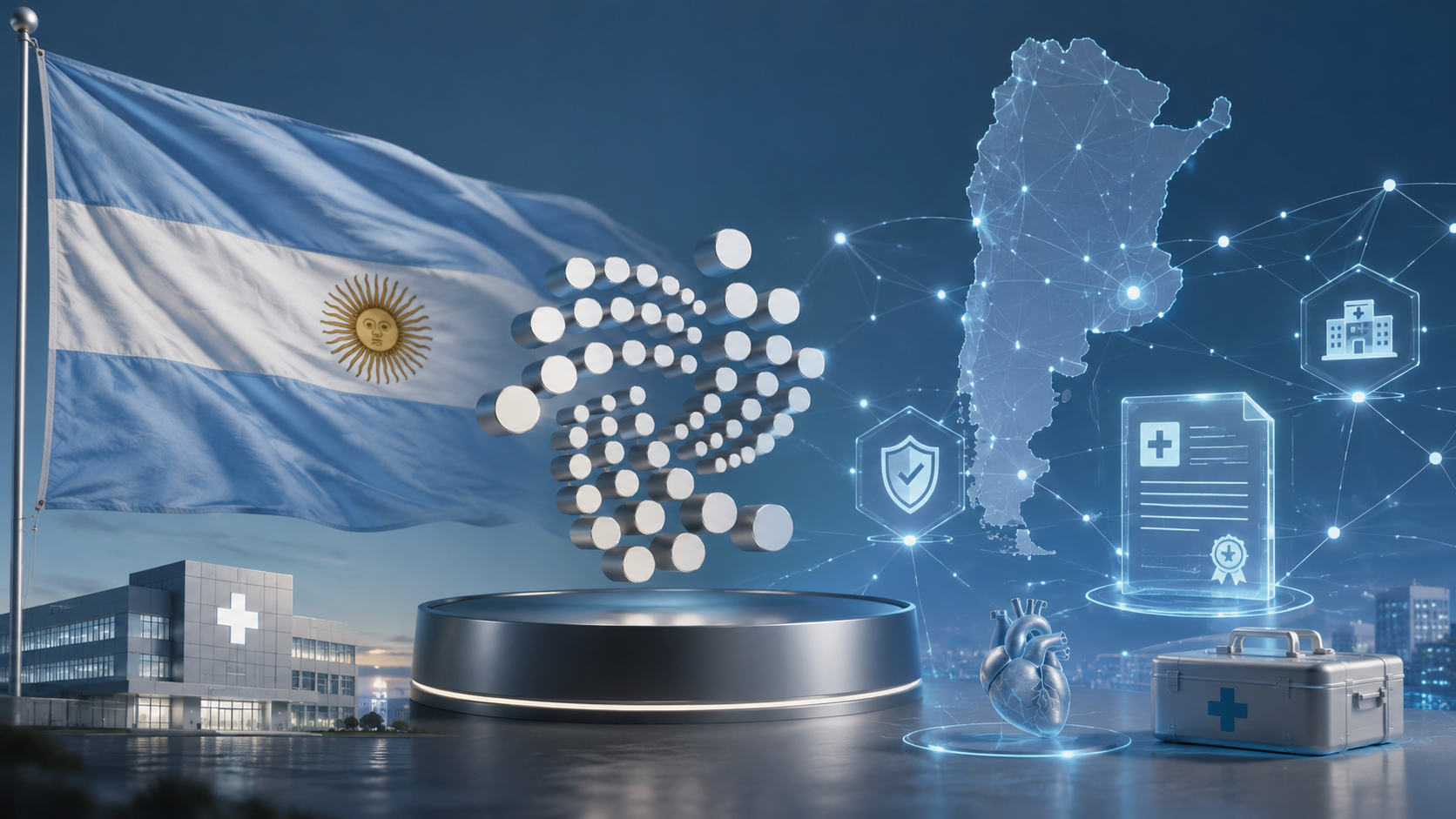 Argentinische Flagge, IOTA-Logo und digitales Gesundheitsnetzwerk für das nationale Transplantationssystem
