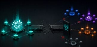 IOTA-Netzwerk mit getrennten Blockchain-Verbindungen und Shimmer-Symbol