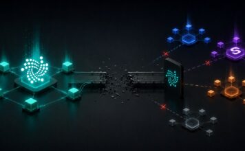 IOTA-Netzwerk mit getrennten Blockchain-Verbindungen und Shimmer-Symbol