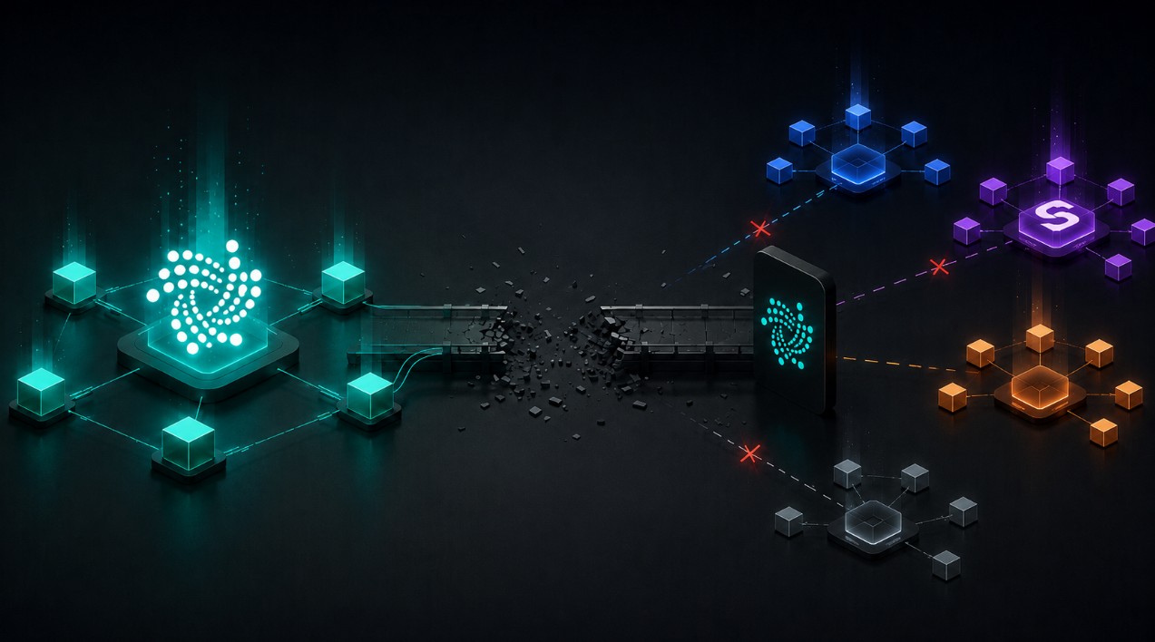 IOTA-Netzwerk mit getrennten Blockchain-Verbindungen und Shimmer-Symbol