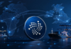 IOTA-Symbol vor digitalen Handelsrouten zwischen Afrika und Großbritannien sowie einem internationalen Containerhafen