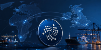 IOTA-Symbol vor digitalen Handelsrouten zwischen Afrika und Großbritannien sowie einem internationalen Containerhafen
