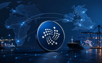IOTA-Symbol vor digitalen Handelsrouten zwischen Afrika und Großbritannien sowie einem internationalen Containerhafen
