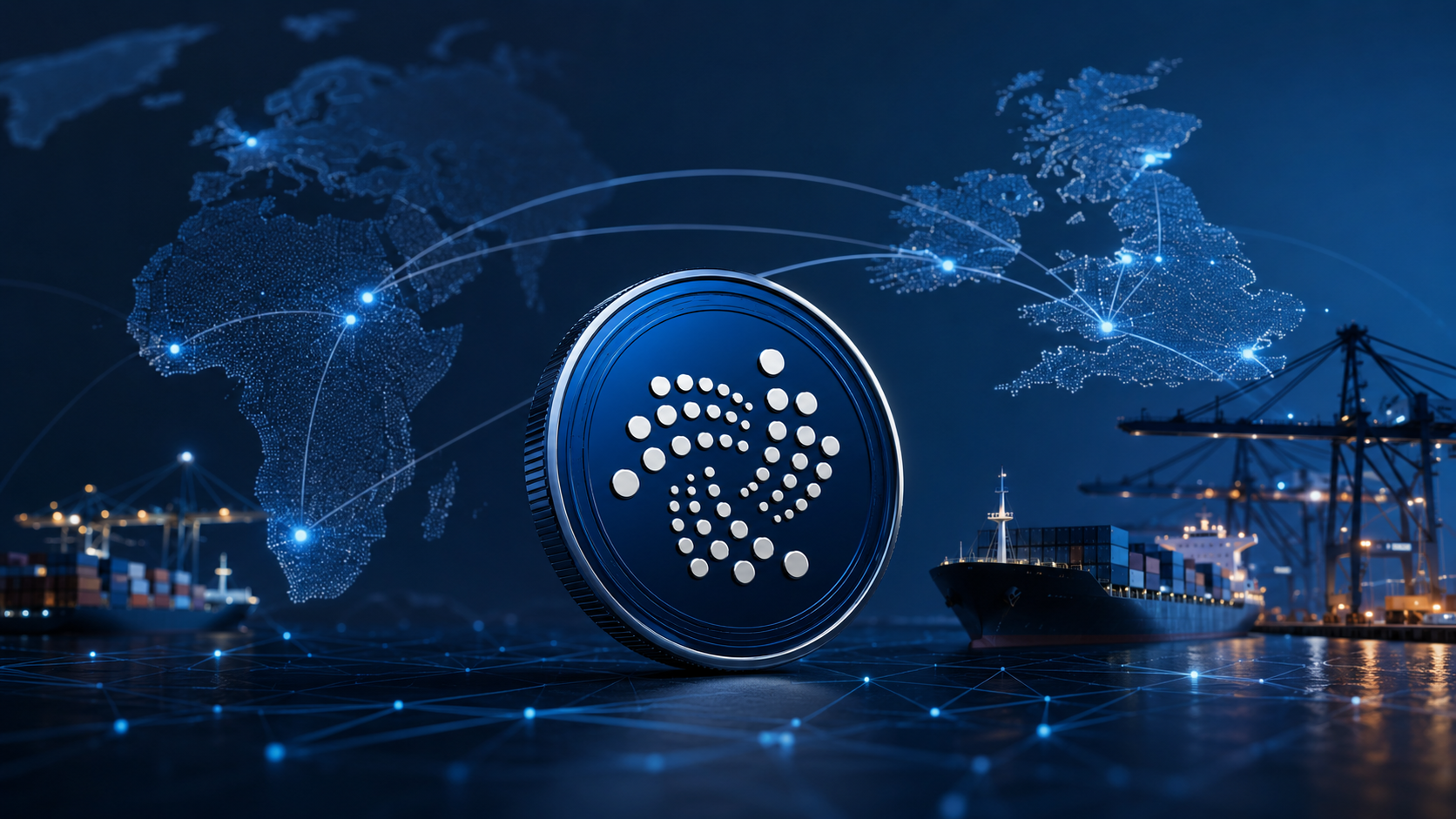 IOTA-Symbol vor digitalen Handelsrouten zwischen Afrika und Großbritannien sowie einem internationalen Containerhafen