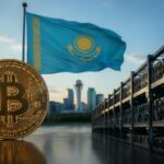 Bitcoin vor Mining-Anlagen und der Flagge Kasachstans als Symbol für die neue staatliche Krypto-Reserve.