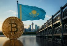 Bitcoin vor Mining-Anlagen und der Flagge Kasachstans als Symbol für die neue staatliche Krypto-Reserve.