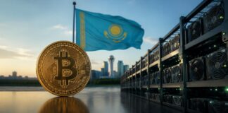 Bitcoin vor Mining-Anlagen und der Flagge Kasachstans als Symbol für die neue staatliche Krypto-Reserve.
