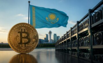 Bitcoin vor Mining-Anlagen und der Flagge Kasachstans als Symbol für die neue staatliche Krypto-Reserve.