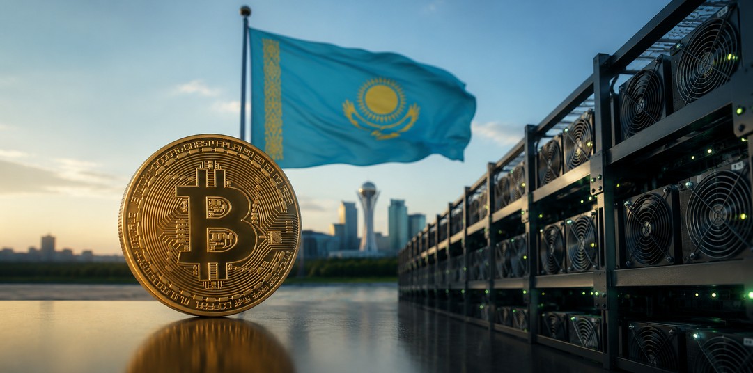 Bitcoin vor Mining-Anlagen und der Flagge Kasachstans als Symbol für die neue staatliche Krypto-Reserve.