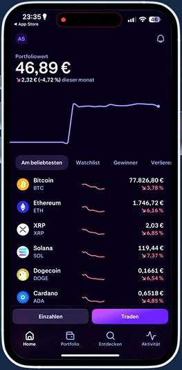 „Startseite der Kraken-App mit Portfolioübersicht, Kursdiagramm und einer Liste beliebter Kryptowährungen wie Bitcoin, Ethereum und Solana.“
