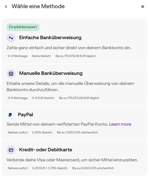 Kraken-Auswahl verschiedener Einzahlungsmethoden wie Banküberweisung, PayPal und Kreditkarte