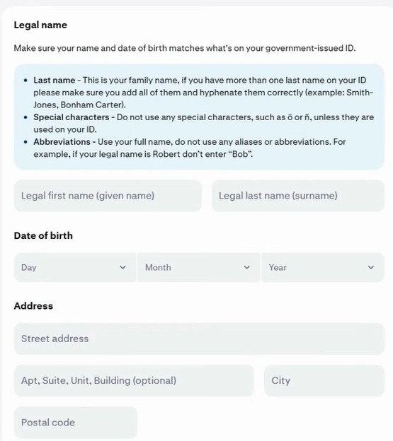 Kraken-Formular zur Identitätsprüfung mit Feldern für Name, Geburtsdatum und Adresse