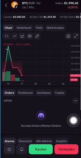 „Kraken Pro App mit BTC/EUR-Handelspaar, Candlestick-Chart, Orderbuch und Schaltflächen zum Kaufen und Verkaufen von Bitcoin.“