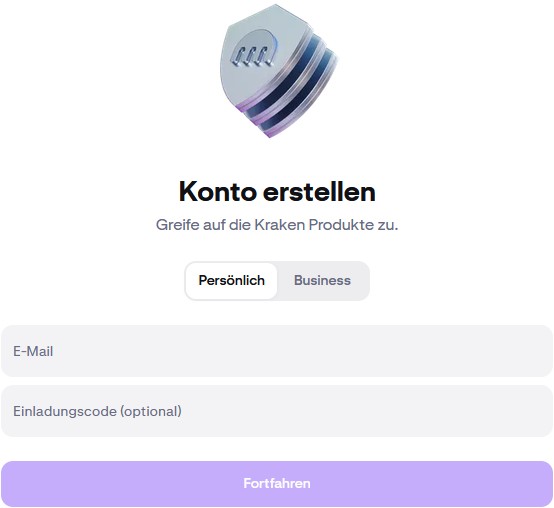 Kraken-Registrierungsseite mit Feldern für E-Mail und optionalen Einladungscode