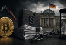 Bitcoin vor Gesetzesunterlagen und juristischem Symbol vor dem Reichstagsgebäude – Sinnbild für die stockende Reform der Krypto-Besteuerung in Deutschland.