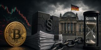 Bitcoin vor Gesetzesunterlagen und juristischem Symbol vor dem Reichstagsgebäude – Sinnbild für die stockende Reform der Krypto-Besteuerung in Deutschland.
