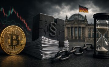 Bitcoin vor Gesetzesunterlagen und juristischem Symbol vor dem Reichstagsgebäude – Sinnbild für die stockende Reform der Krypto-Besteuerung in Deutschland.
