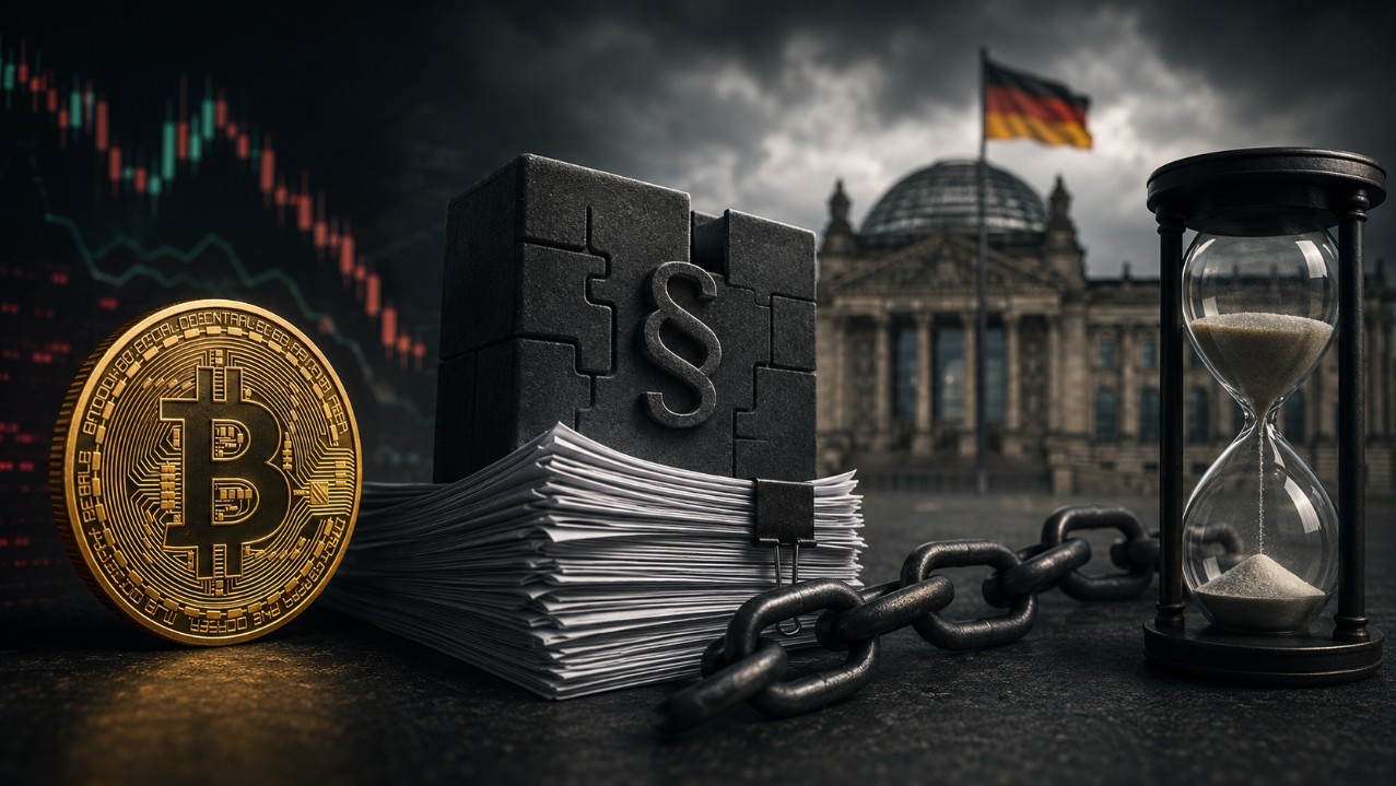 Bitcoin vor Gesetzesunterlagen und juristischem Symbol vor dem Reichstagsgebäude – Sinnbild für die stockende Reform der Krypto-Besteuerung in Deutschland.