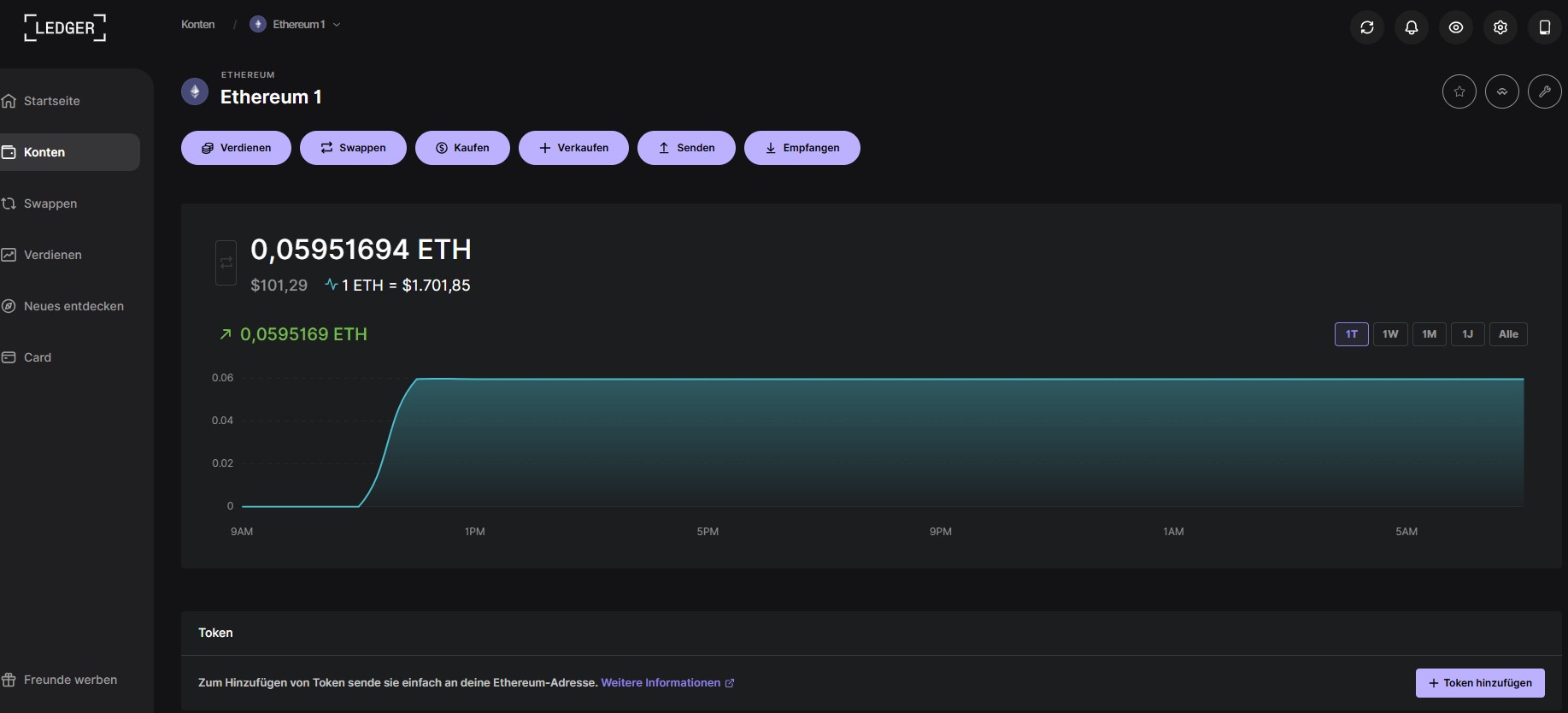 Übersicht eines Ethereum-Kontos in Ledger Live mit Kontostand, Kursentwicklung und Funktionen zum Senden, Empfangen, Kaufen und Swappen von ETH.
