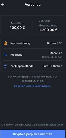 Einrichtung eines Bitcoin-Sparplans in der Bitvavo App mit monatlichem Sparbetrag, Zahlungsfrequenz und Euro-Guthaben.
