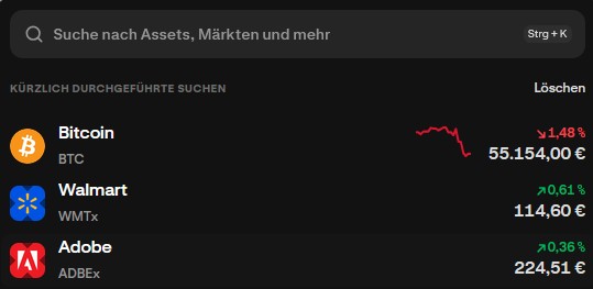Kraken-Suchleiste mit zuletzt gesuchten Assets Bitcoin, Walmart und Adobe