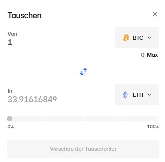 Bitvavo-Tauschfunktion zum direkten Umtausch von Bitcoin (BTC) in Ethereum (ETH) ohne Zwischenschritt über Euro.