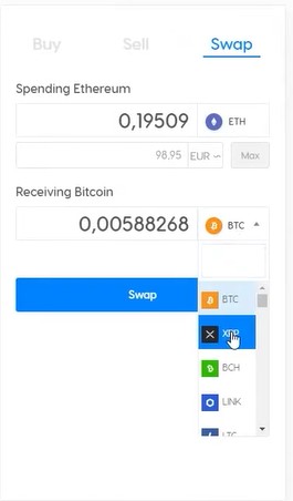 Coinmerce-Swap-Maske zum Tauschen von 0,19509 ETH in 0,00588268 BTC.